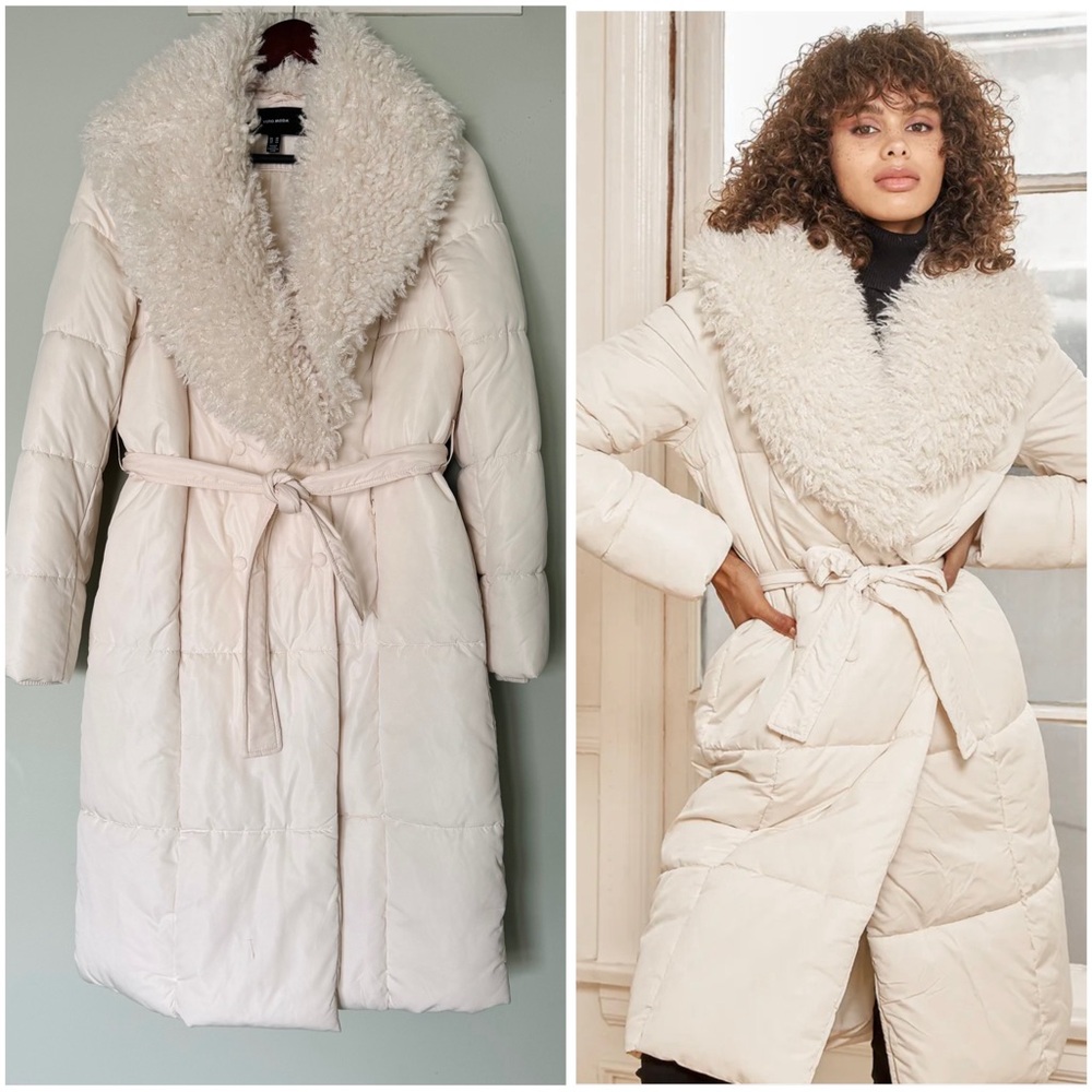 Vero Moda Cozy Beige Faux Fur Quilted Long Puffer Jacket